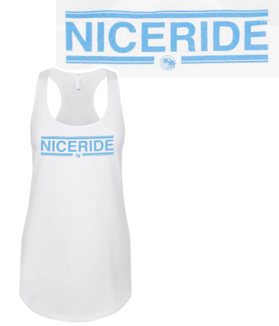 Solana - White Next level Women's Racerback Tank Top with NICERIDE logo on front.