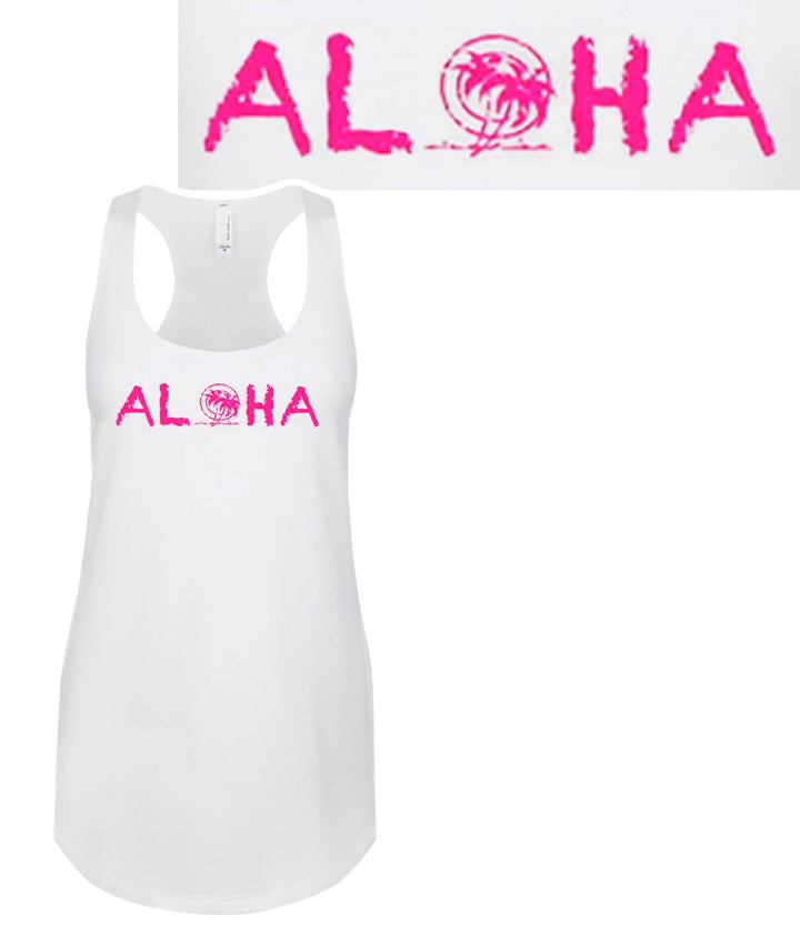Maui white tank top featuring pink Aloha logo, women&