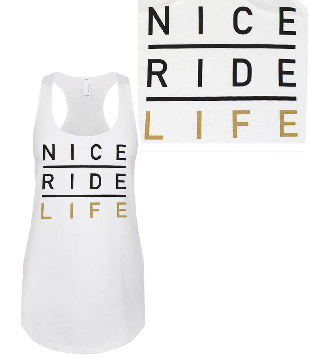 La Jolla tank top featuring NICERIDE design in black and gold, stylish women's racerback fit.
