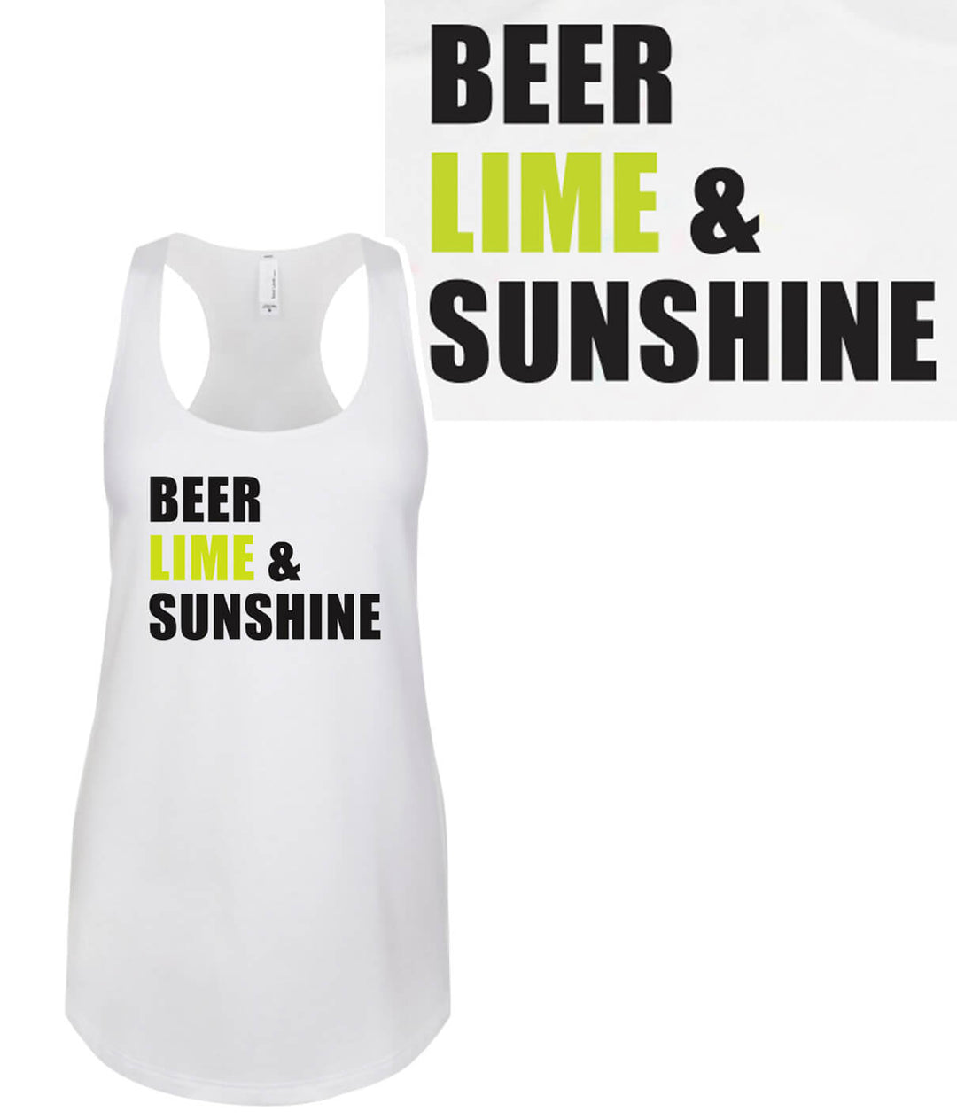 Beer, Lime & Sunshine white tank top for women featuring a racerback design and bold graphic print.