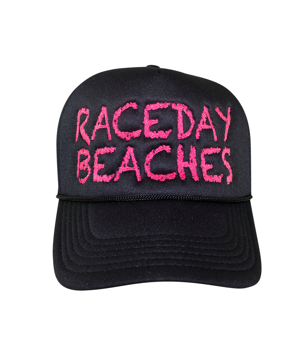 Classic Foam Trucker Hat featuring Raceday Beaches embroidery, perfect for any hat lover.
