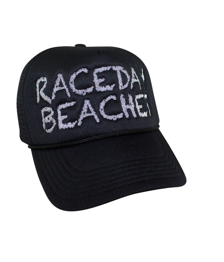 Raceday Beaches Foam Trucker Baseball Cap, a stylish hat with embroidered design for casual wear.