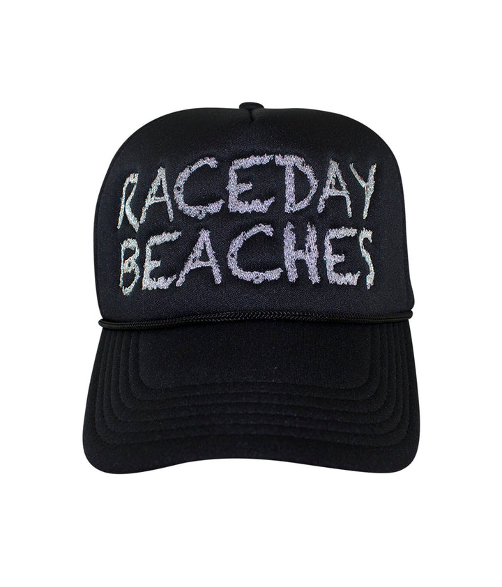 Raceday Beaches Foam Trucker Baseball Cap, stylish hat with embroidered text on front.