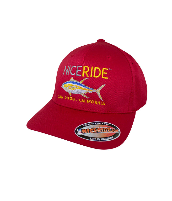 Sorry Charlie Classic Flexfit hat with NICERIDE design in red and embroidered details.