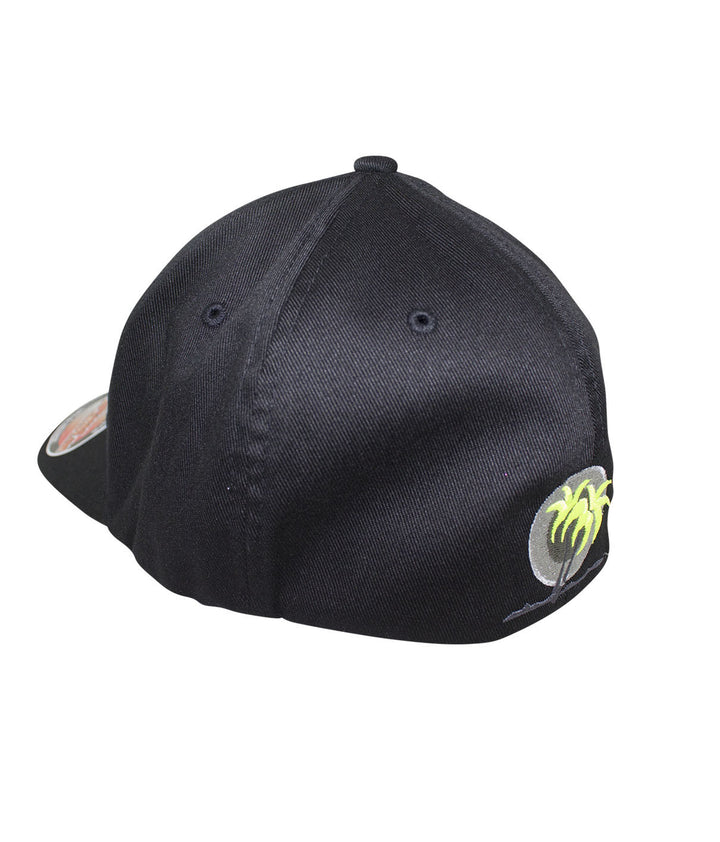 Back view of the Sorry Charlie black classic Flexfit hat featuring palm logo embroidery.