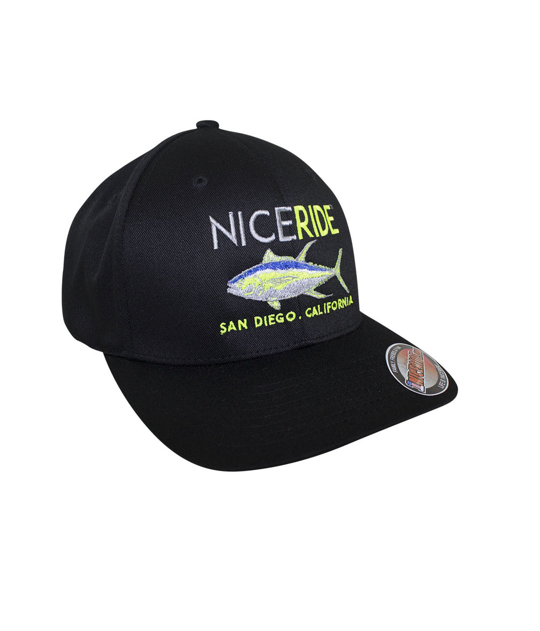 Black classic Flexfit hat with NICERIDE logo and fish design, perfect for outdoor enthusiasts.