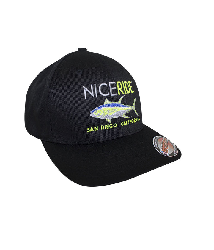 Black classic Flexfit hat with NICERIDE logo and fish design, perfect for outdoor enthusiasts.
