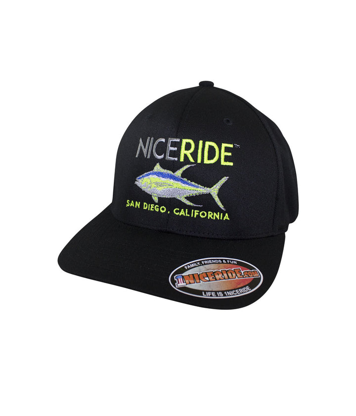 Black Classic Flexfit hat featuring NICERIDE design with fish emblem, embroidered in San Diego, California.