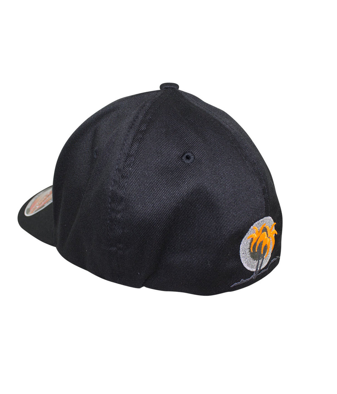 Back view of the Sorry Charlie black classic Flexfit hat showcasing embroidered palm logo. High-quality hat design.
