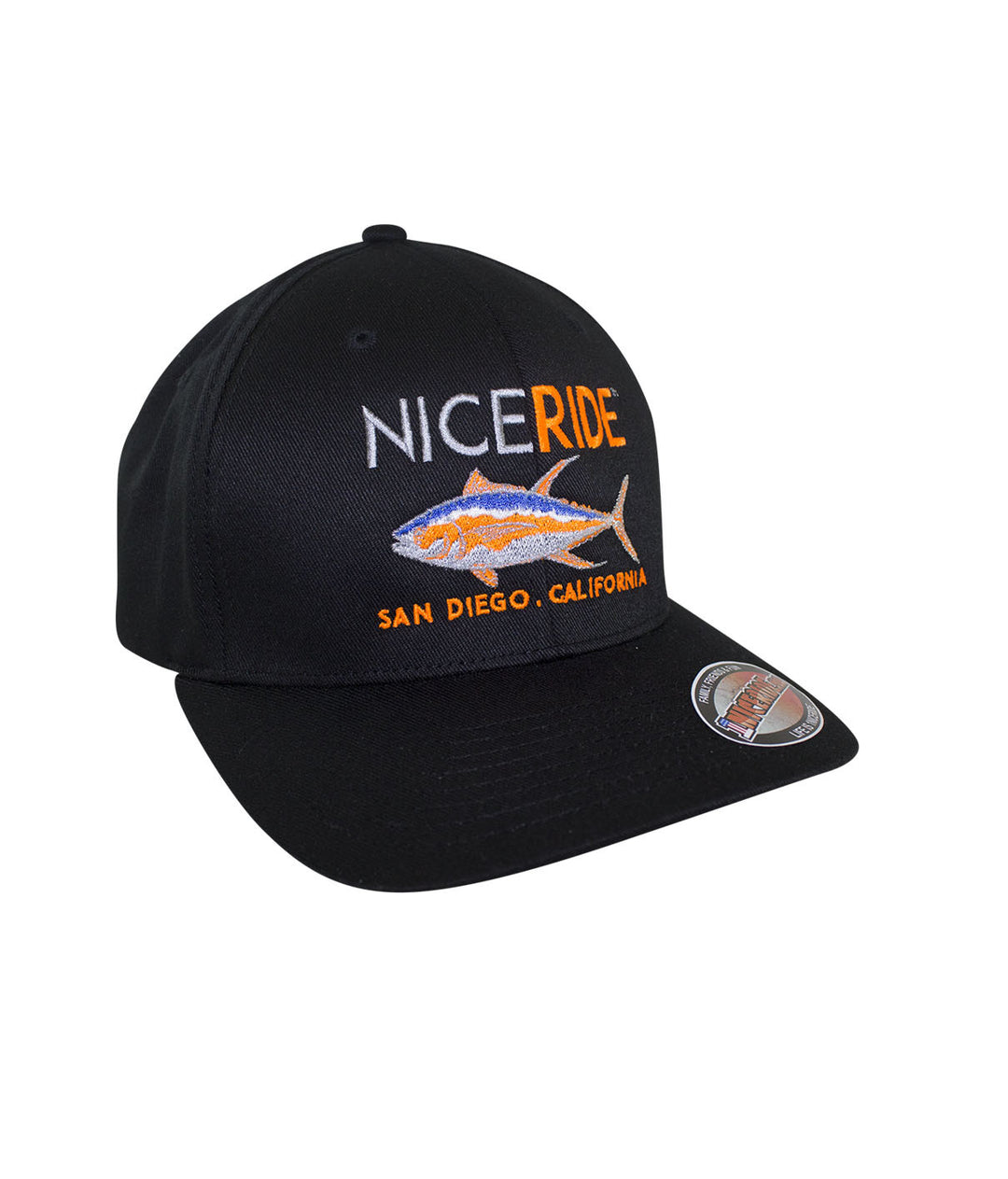 Sorry Charlie Black Classic Flexfit Hat with NICERIDE embroidery on front and palm logo on back.