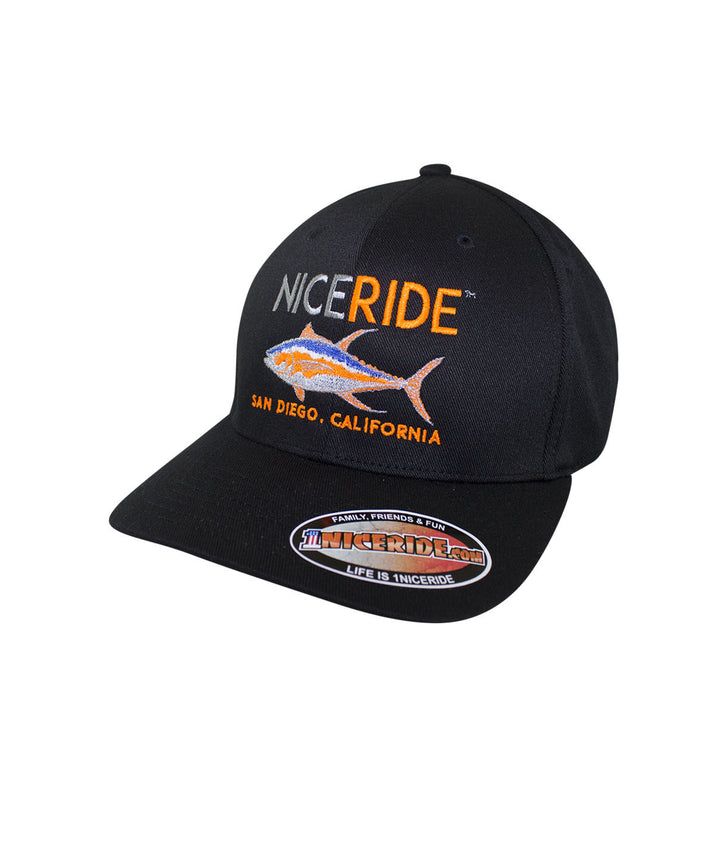 Black Classic Flexfit hat featuring NICERIDE design, embroidered details, and a flat brim.