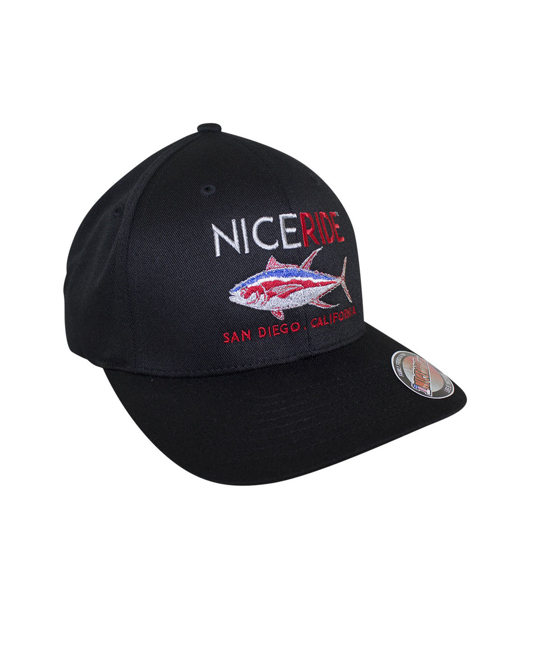 Sorry Charlie Black Classic Flexfit Hat with NICERIDE design and palm logo, perfect hat for casual wear.