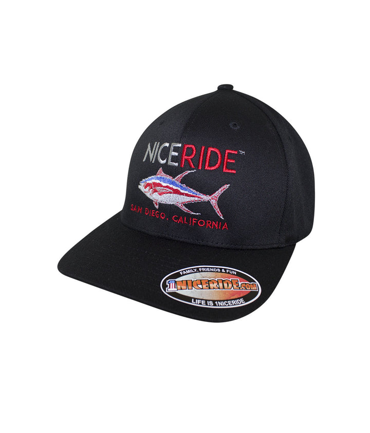 Black Classic Flexfit hat with NICERIDE design embroidered on the front and palm logo on the back.