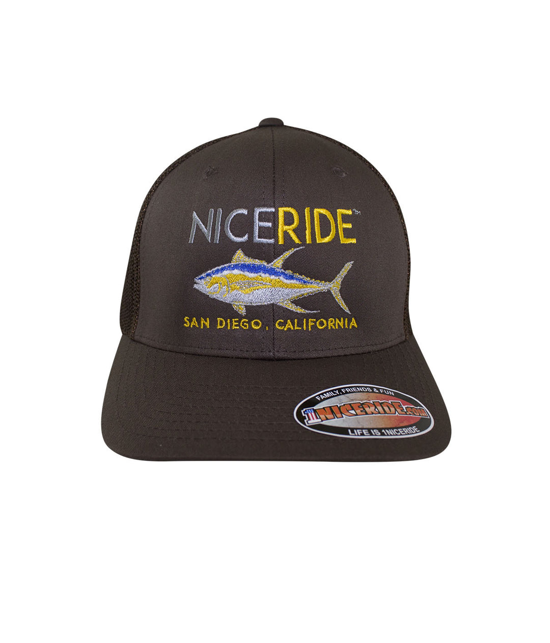 Brown Meshback Flexfit hat featuring NICERIDE design and embroidered logo from San Diego, California.