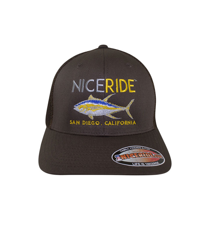 Brown Meshback Flexfit hat featuring NICERIDE design and embroidered logo from San Diego, California.