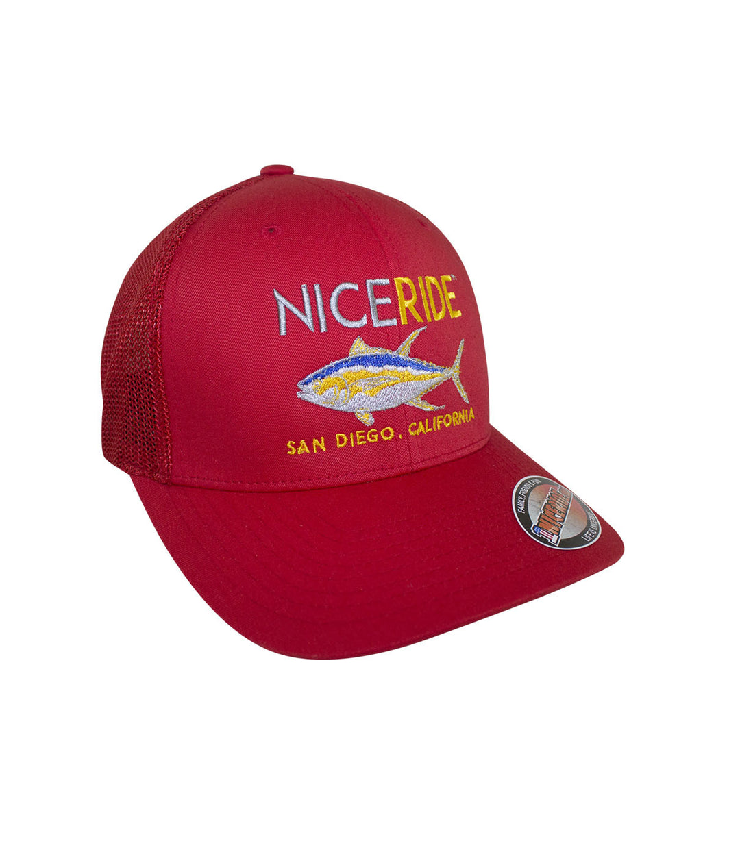 Red NICERIDE hat with embroidered fish design and mesh back, perfect for outdoor activities.