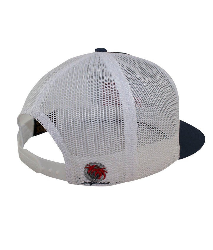 Back view of NICERIDE PRIDE hat showing blacked-out palm logo and mesh design.
