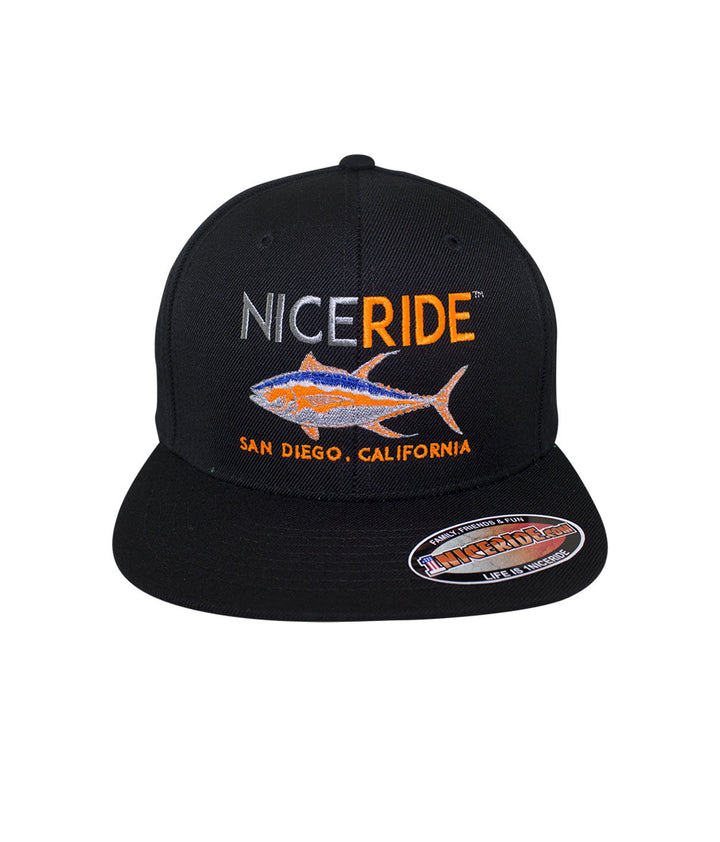 NICERIDE snapback hat with embroidered design and San Diego California text on front, showcasing unique style.