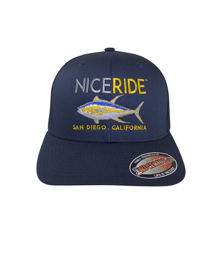 Hat featuring NICERIDE San Diego California design and fish embroidery, classic navy trucker style.