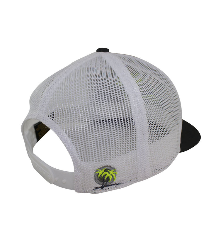 Back view of Sorry Charlie Retro Trucker Baseball Cap showcasing the blacked out palm logo and mesh design.