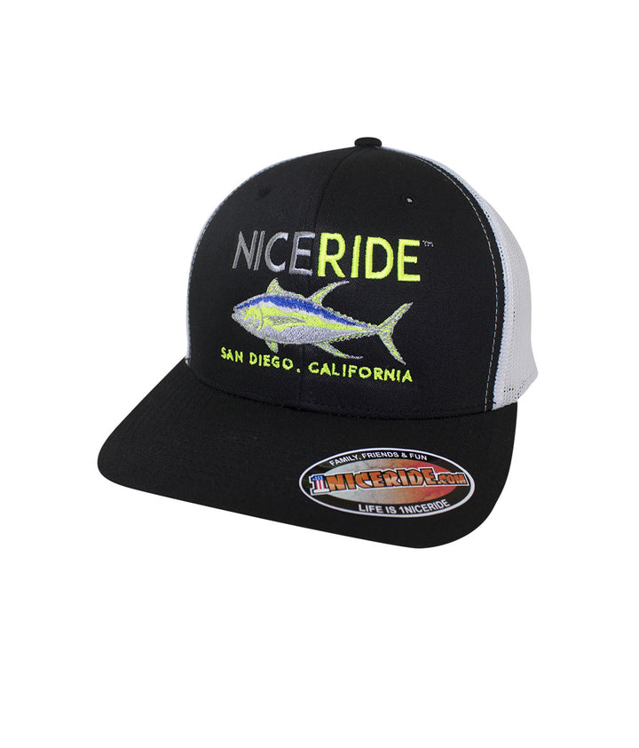 Classic trucker hat featuring NICERIDE logo and embroidered fish design, perfect for outdoor activities.