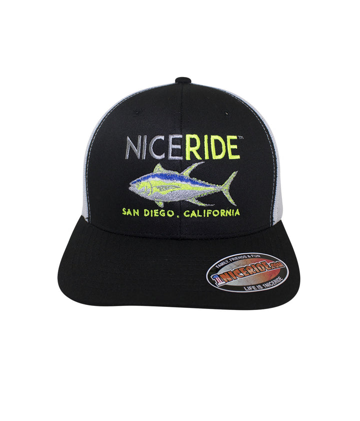 Black and gray NICERIDE trucker hat with fish design, perfect for outdoor activities and casual wear.