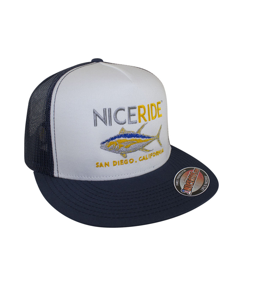 NICERIDE hat featuring a colorful fish design, San Diego California embroidery, and a classic snapback style.