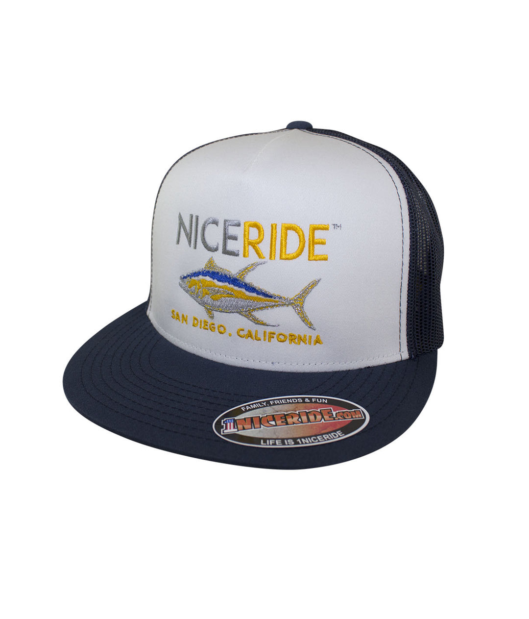 NICERIDE hat featuring San Diego, California, with a vibrant embroidered fish design on a classic trucker style.