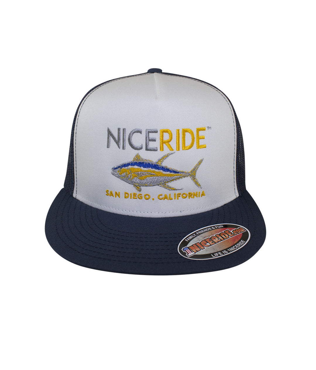 NICERIDE trucker hat with embroidered fish design, San Diego, California, stylish and comfortable hat for outdoor activities.