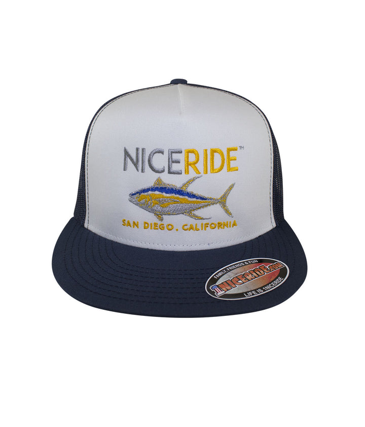 NICERIDE trucker hat with embroidered fish design, San Diego, California, stylish and comfortable hat for outdoor activities.