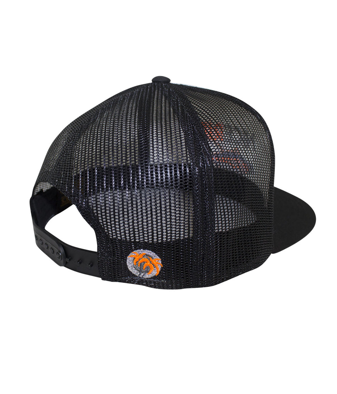 Back view of a black mesh snapback hat with classic palm logo, perfect for stylish outdoor wear.