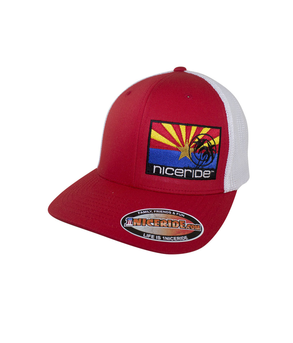 Arizona Flag Meshback Flexfit Hat with NICERIDE embroidery on the front panel.