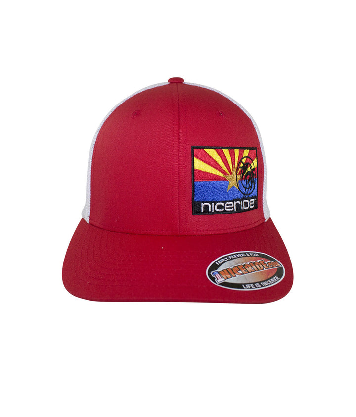 Arizona Flag Meshback Flexfit Hat featuring NICERIDE logo, perfect accessory for outdoor adventures.