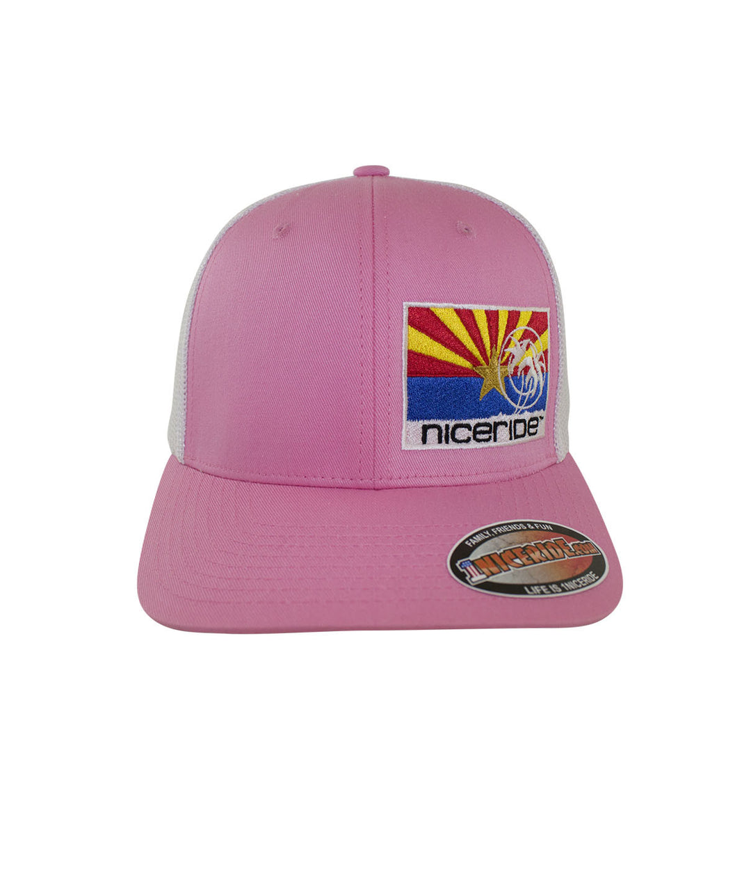 Arizona Flag Meshback Flexfit Hat featuring NICERIDE logo, pink front panel, and classic palm logo on the rear.