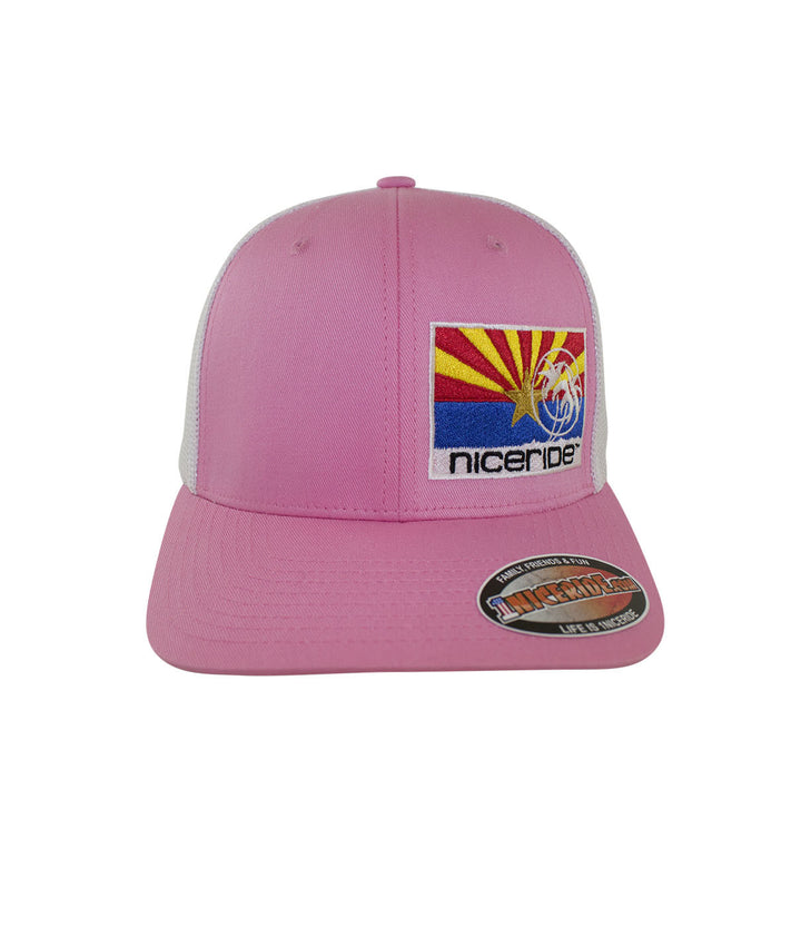 Arizona Flag Meshback Flexfit Hat featuring NICERIDE logo, pink front panel, and classic palm logo on the rear.