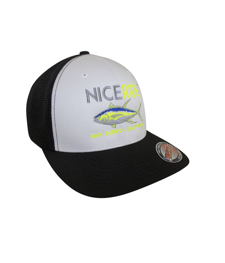Sorry Charlie Meshback Flexfit Hat featuring NICERIDE design and palm logo, perfect for outdoor adventures.