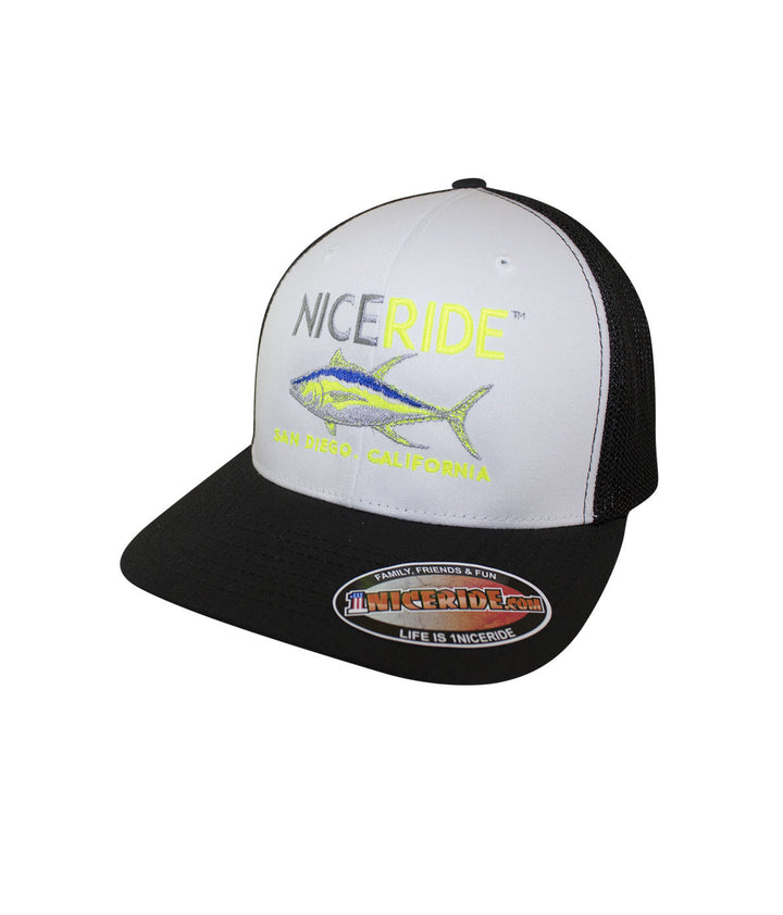 NICERIDE meshback Flexfit hat featuring colorful fish design and black bill. Perfect hat for outdoor enthusiasts.