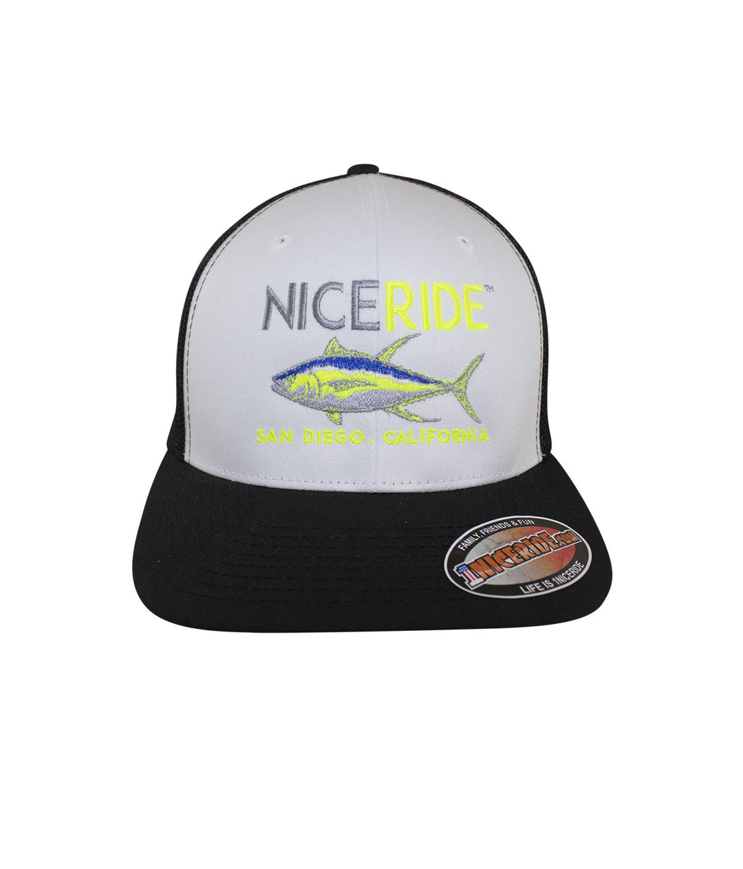 NICERIDE hat with embroidered fish design and San Diego California text on the front panel.