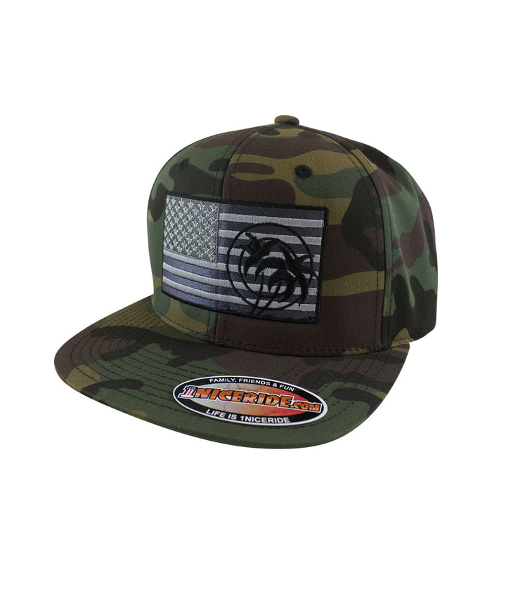 Strong Camo Snapback Hat featuring embroidered designs and a classic camo pattern.
