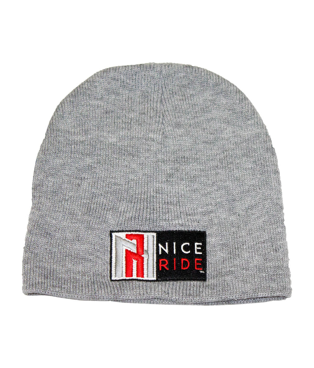 N-R Red beanie in gray with NICERIDE logo, 100% acrylic knit, perfect for style and warmth.