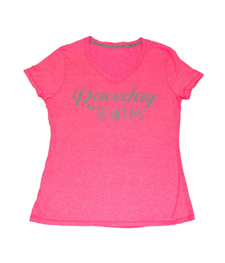 Raceday Beaches V-Neck shirt in pink with a stylish design, soft fabric, and comfortable fit.