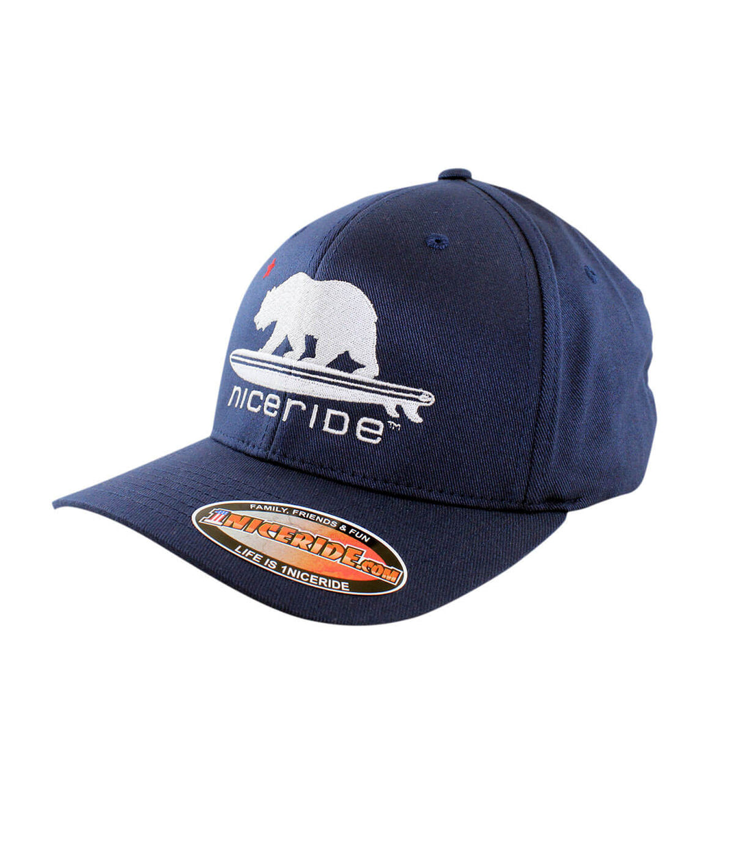 Niceride Hang 20 Classic Flexfit hat with embroidered bear logo and palm design, navy blue baseball cap.