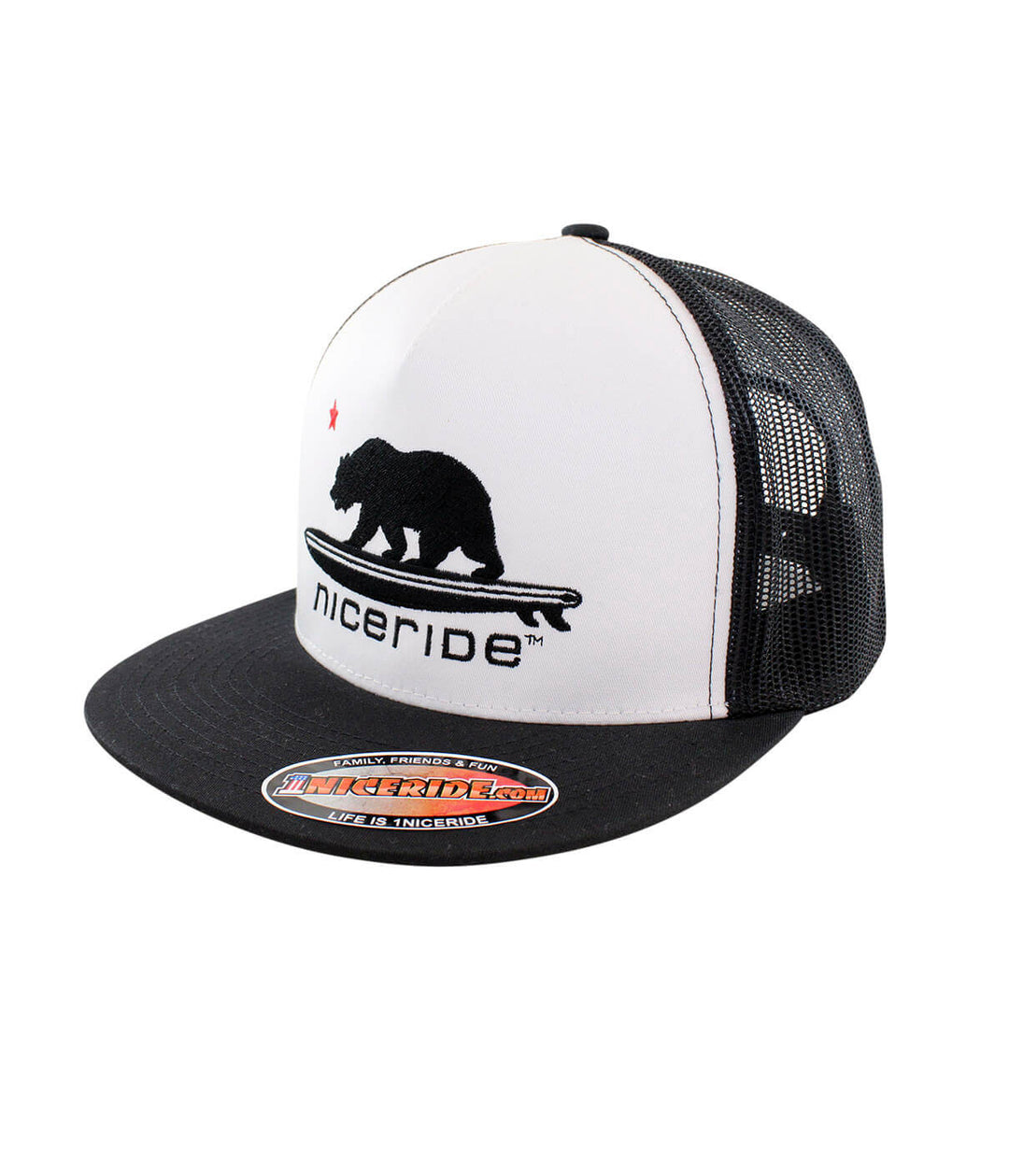 Hang 20 Trucker Hat with NICERIDE design, snapback style cap, featuring black palm logo on back.