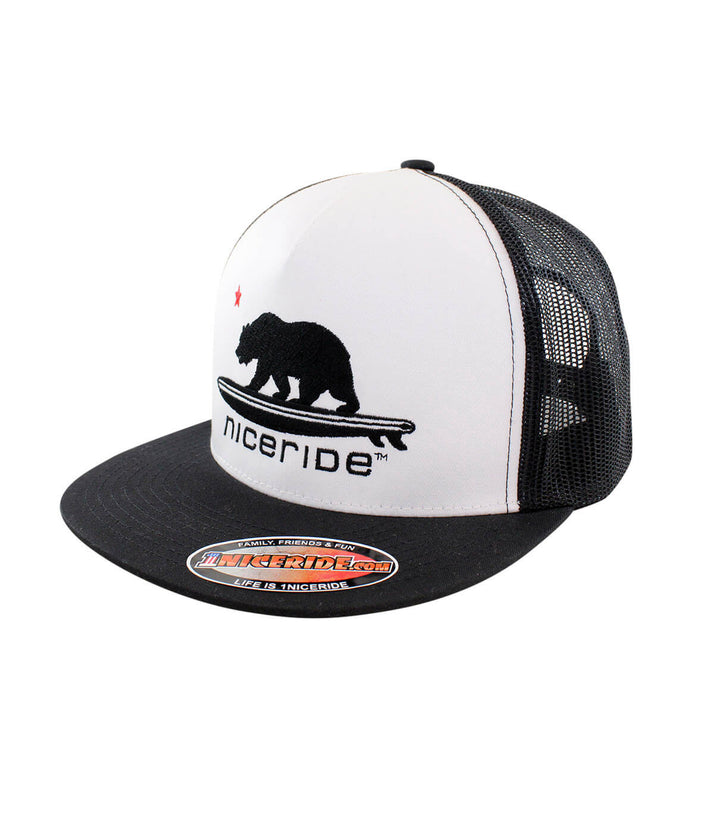 Hang 20 Trucker Hat with NICERIDE design, snapback style cap, featuring black palm logo on back.