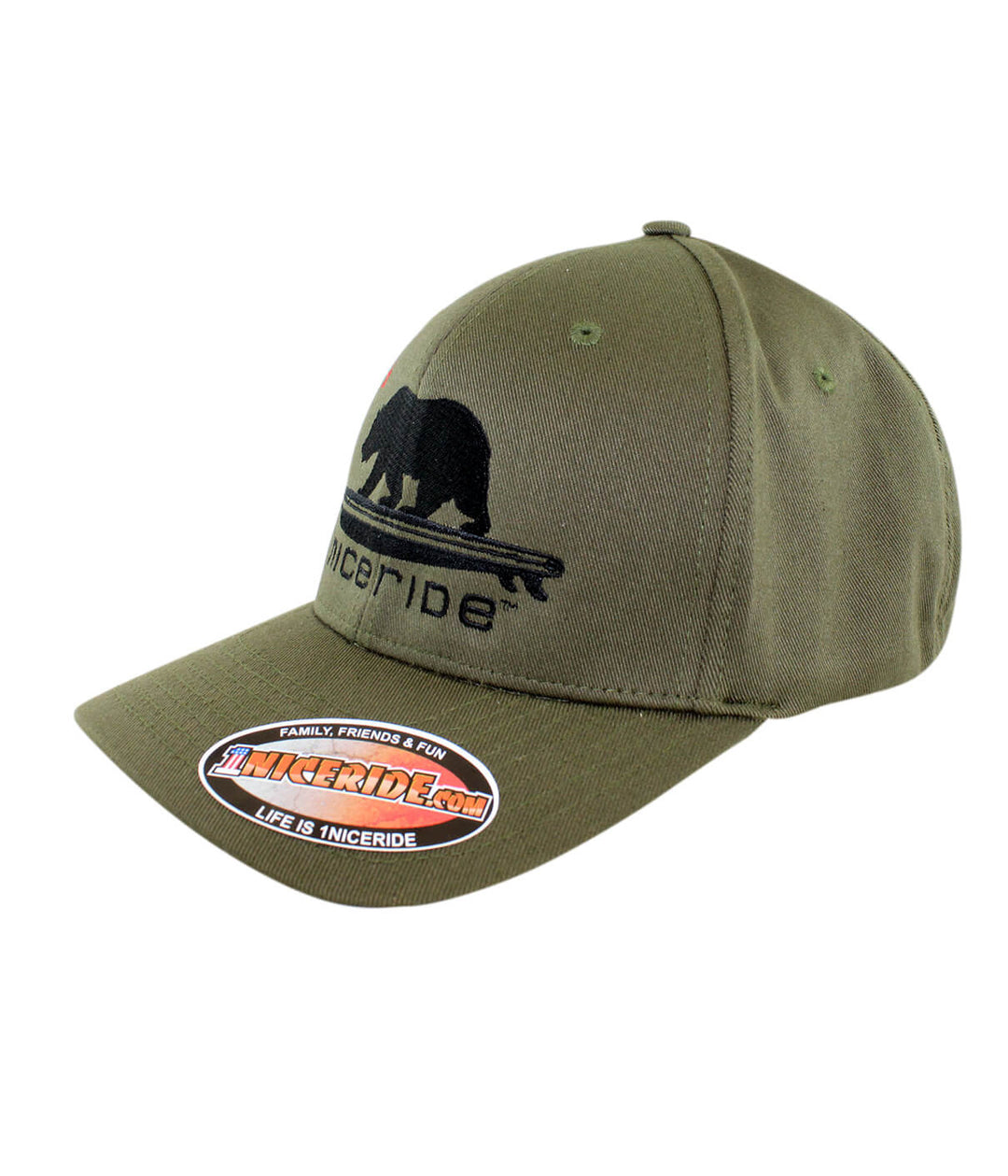 Hang 20 Classic Flexfit hat with black palm logo, embroidered design on olive green color.