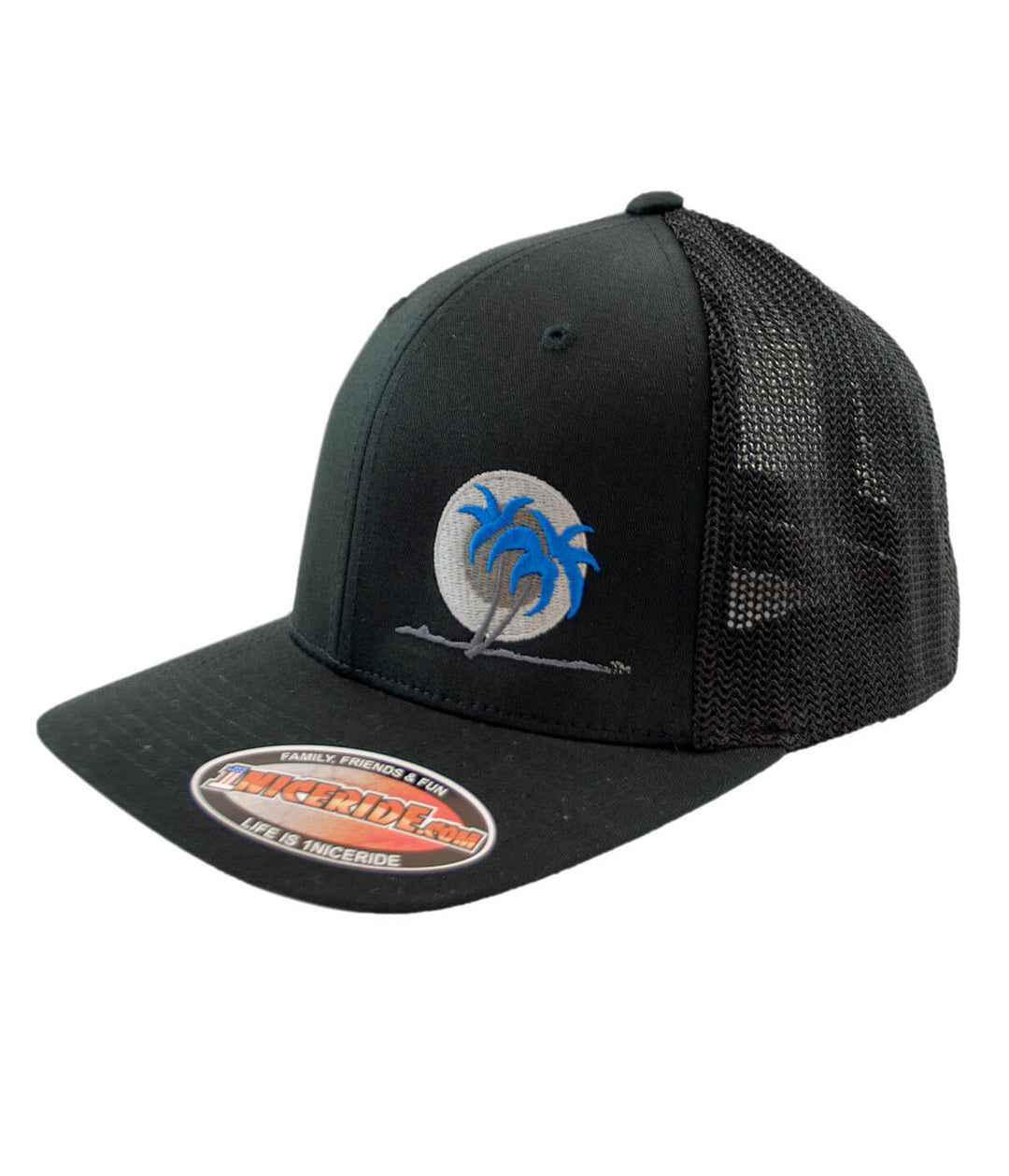 MOTO 1 Meshback Flexfit Hat featuring NICERIDE design and palm tree embroidery on a black cap.