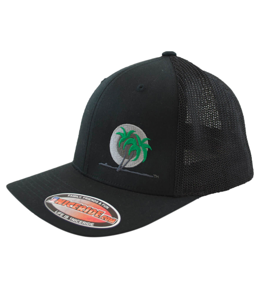 MOTO 1 Meshback Flexfit Hat featuring embroidered palm trees design and NICERIDE logo on the back.