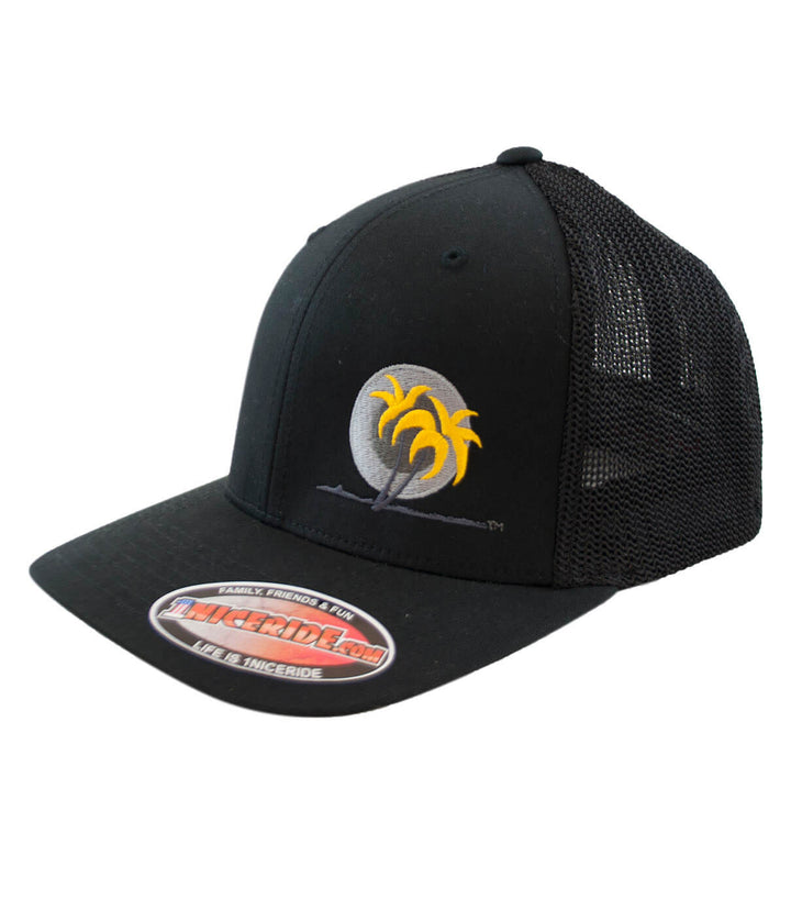 MOTO 1 meshback Flexfit hat featuring palm tree design, ideal for outdoor activities and casual wear.