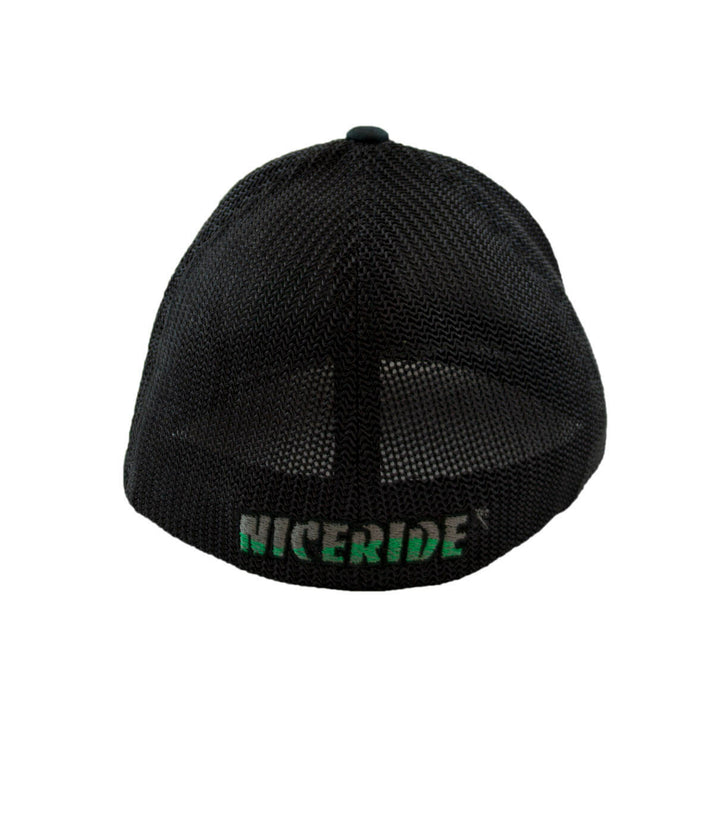 Back view of a MOTO 1 Meshback Flexfit Hat featuring NICERIDE embroidered logo, perfect for biking enthusiasts.