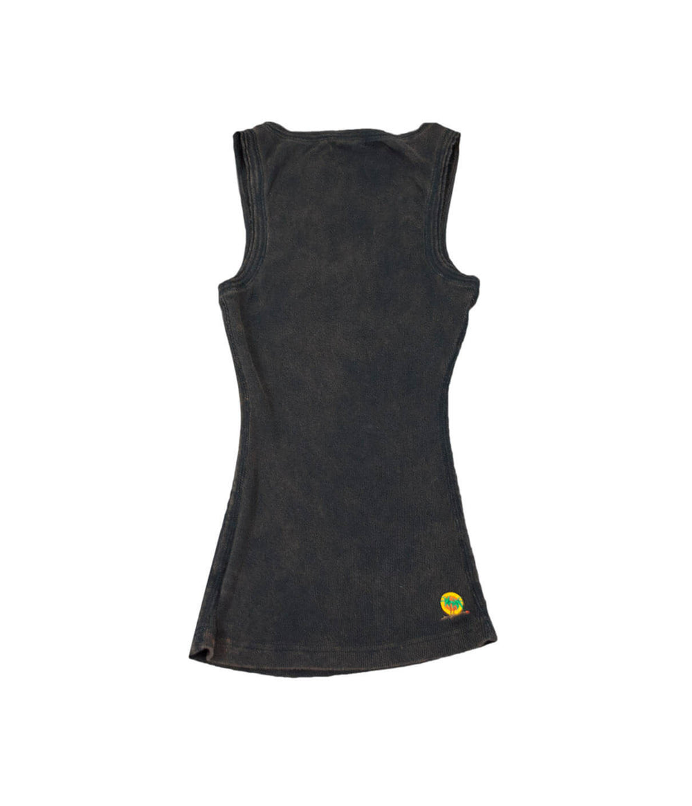 Back view of Outlaw women's black 100% cotton v-neck tank top with NICERIDE logo.